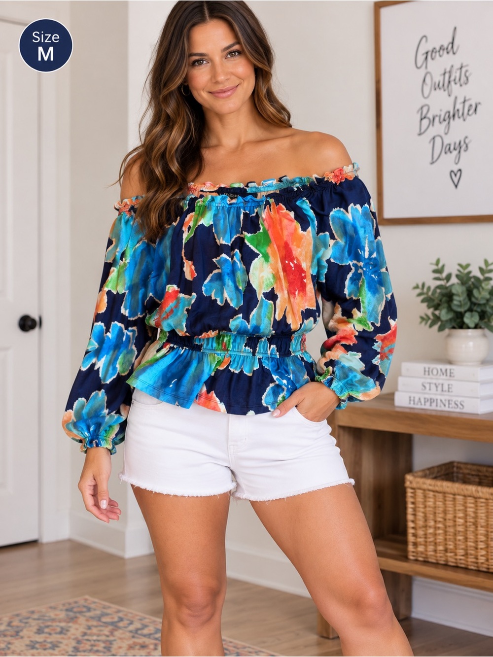 Ralph Lauren Navy Off-Shoulder Floral Peplum Top